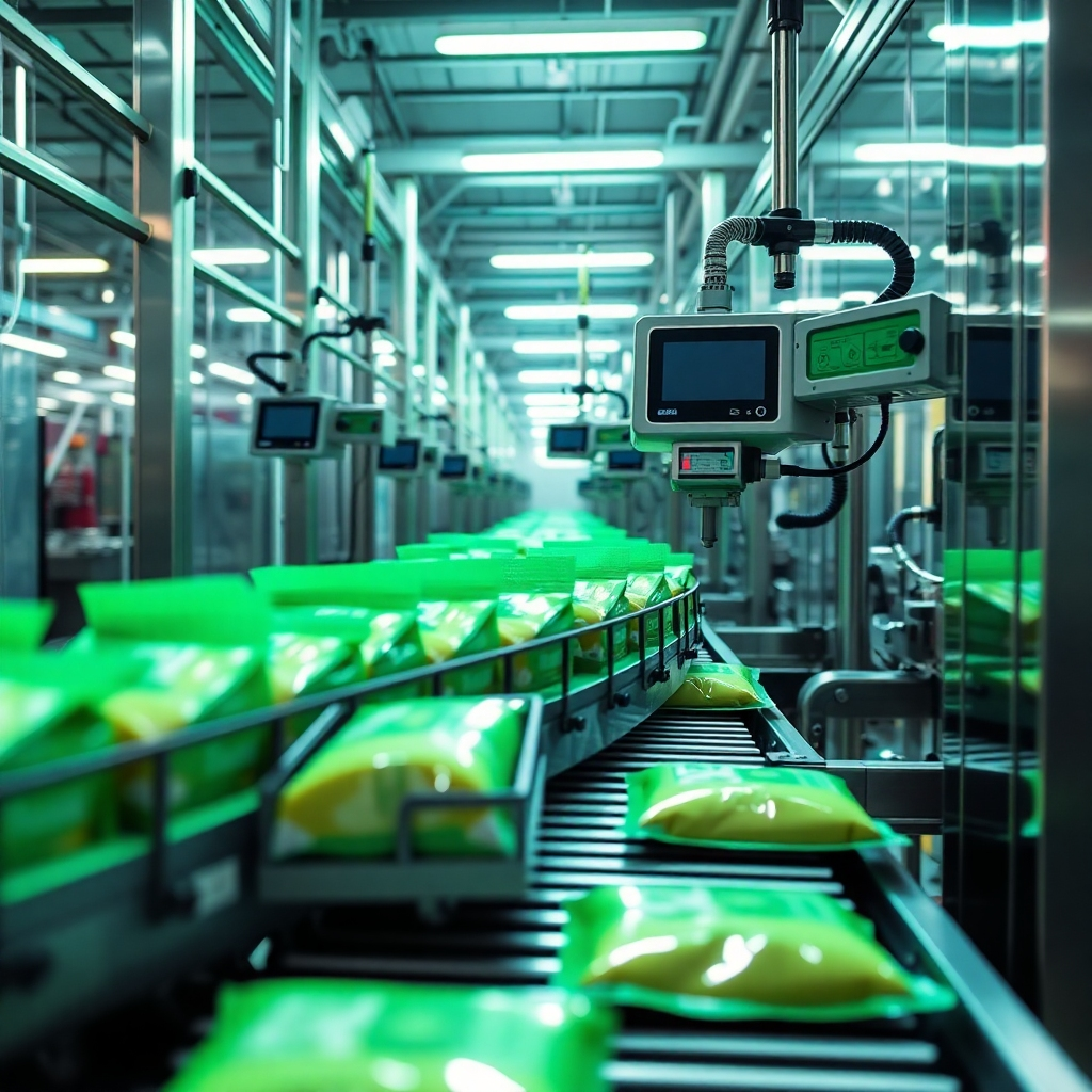 A captivating image detailing an automatic packaging system in action, complete with electronic weighing devices. The scene depicts packages moving seamlessly along a conveyor, being weighed and sealed with precision. Bright, high-contrast lights illuminate the operation, showcasing sleek machinery. The overall atmosphere is one of efficiency and speed, with a color palette that combines greens and whites to symbolize freshness and modernity. This image should encapsulate the essence of automated packaging.