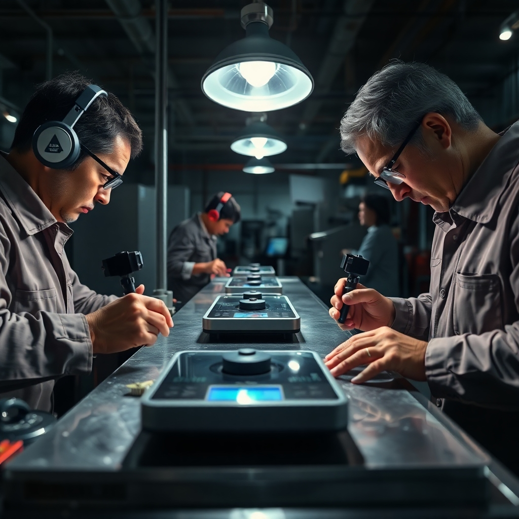 A detailed image showing an intricate process of quality control for electronic scales. The scene includes inspectors carefully analyzing scales using specialized tools under intense light. Textures of the machines and the environment are highlighted, showcasing precision and care. The atmosphere is serious yet inspiring, reflecting dedication to quality. This photorealistic image should resonate with themes of craftsmanship and quality assurance.