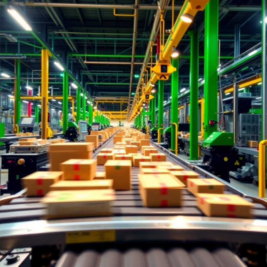 A dynamic image of a fully automated production line featuring a conveyor belt scale that efficiently weighs products in motion. The scene is bustling with activity, showcasing various products seamlessly integrating into the scale system. Bright, high-contrast lighting highlights the movement and technology involved in automation. The color scheme is vibrant, incorporating greens and yellows to represent energy and efficiency. This engaging visual should capture the heart of modern industrial automation.