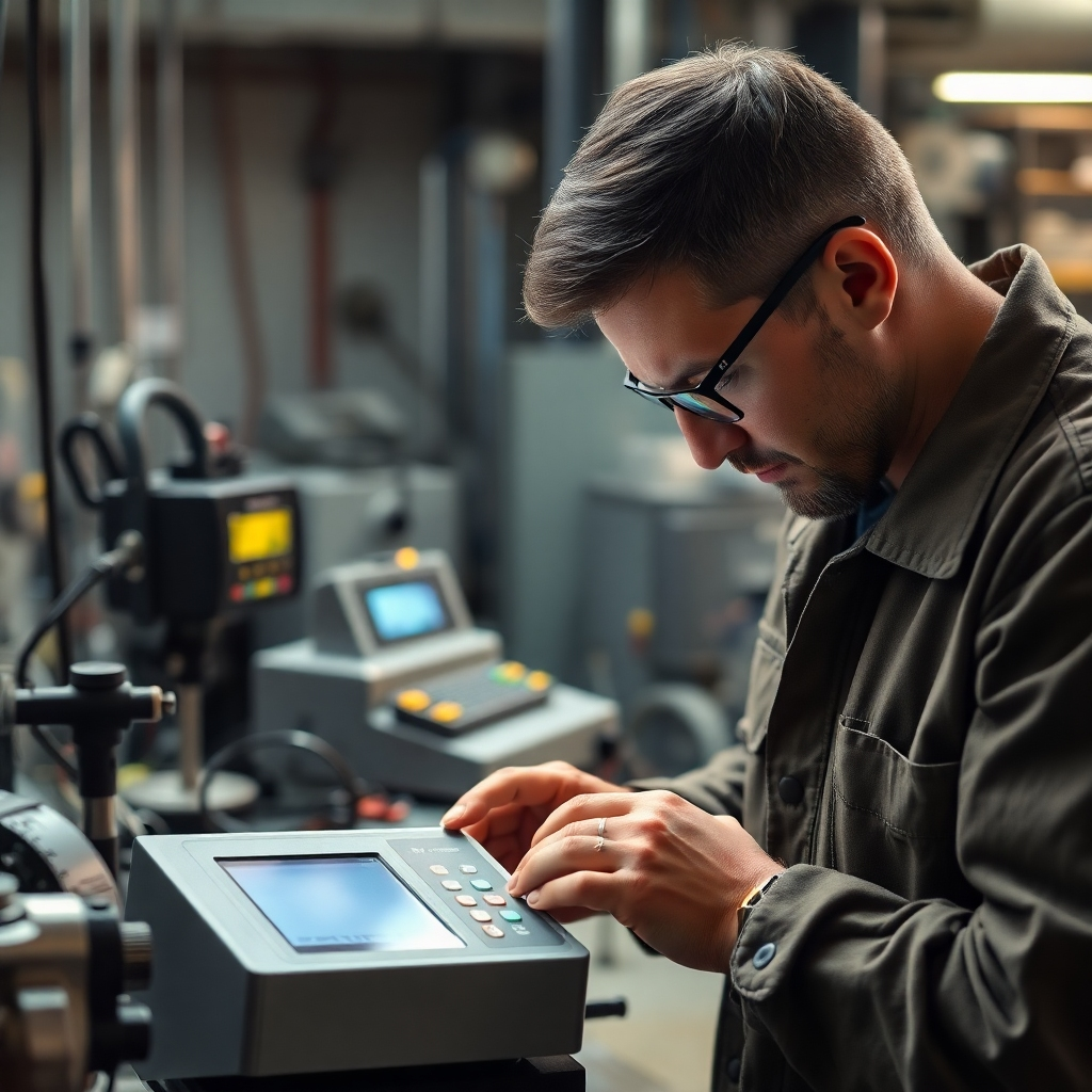 A high-quality image of a professional technician calibrating an industrial electronic scale in a testing environment. The technician is in focused concentration, surrounded by various high-precision instruments. Soft, diffused light creates a serene atmosphere, highlighting the meticulous work involved in ensuring quality. The use of detailed textures on the scale enhances the realism of the image, making it truly captivating. This image should resonate with themes of craftsmanship and quality assurance.