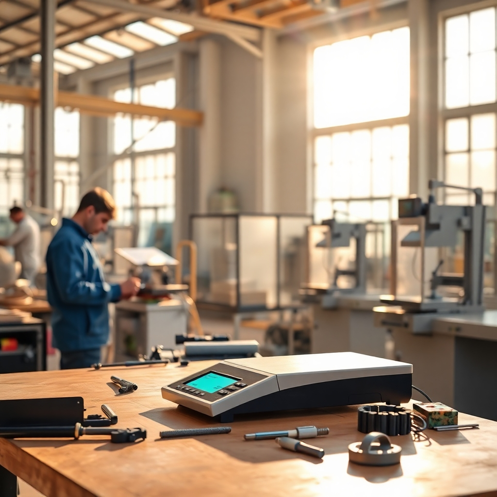 A high-quality, photorealistic image representing the core mission of 'Cân Điện Tử Đồng Nhân'. The scene displays skilled engineers and technicians working on electronic scales and automated packaging machines in a vibrant industrial setting. Bright, natural light pours in through large windows, casting soft shadows and creating a dynamic atmosphere. The focus is on a modern scale on a workshop table with tools and parts nearby, emphasizing craftsmanship and innovation. The color tones are warm and inviting, showcasing the human element in technology. The image should be in 4K resolution, capturing the essence of quality manufacturing.