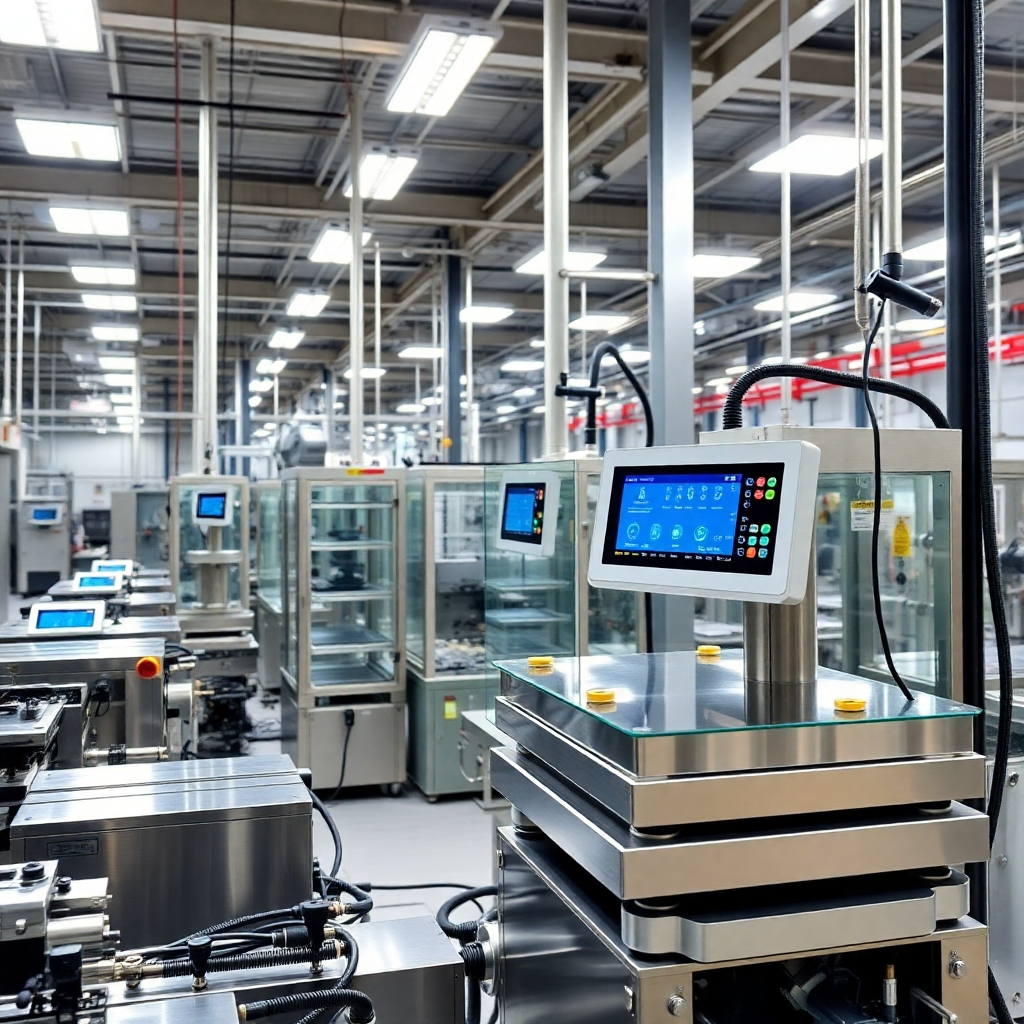 A modern image showcasing advanced machinery and electronic scales in a high-tech factory setting. The environment is clean and well-organized, filled with state-of-the-art tools and machines. Bright lights illuminate the workspace, focusing on intricate machinery details. The combination of stainless steel and glass reflects a commitment to advanced technology. This high-quality image should symbolize innovation and leadership in manufacturing.