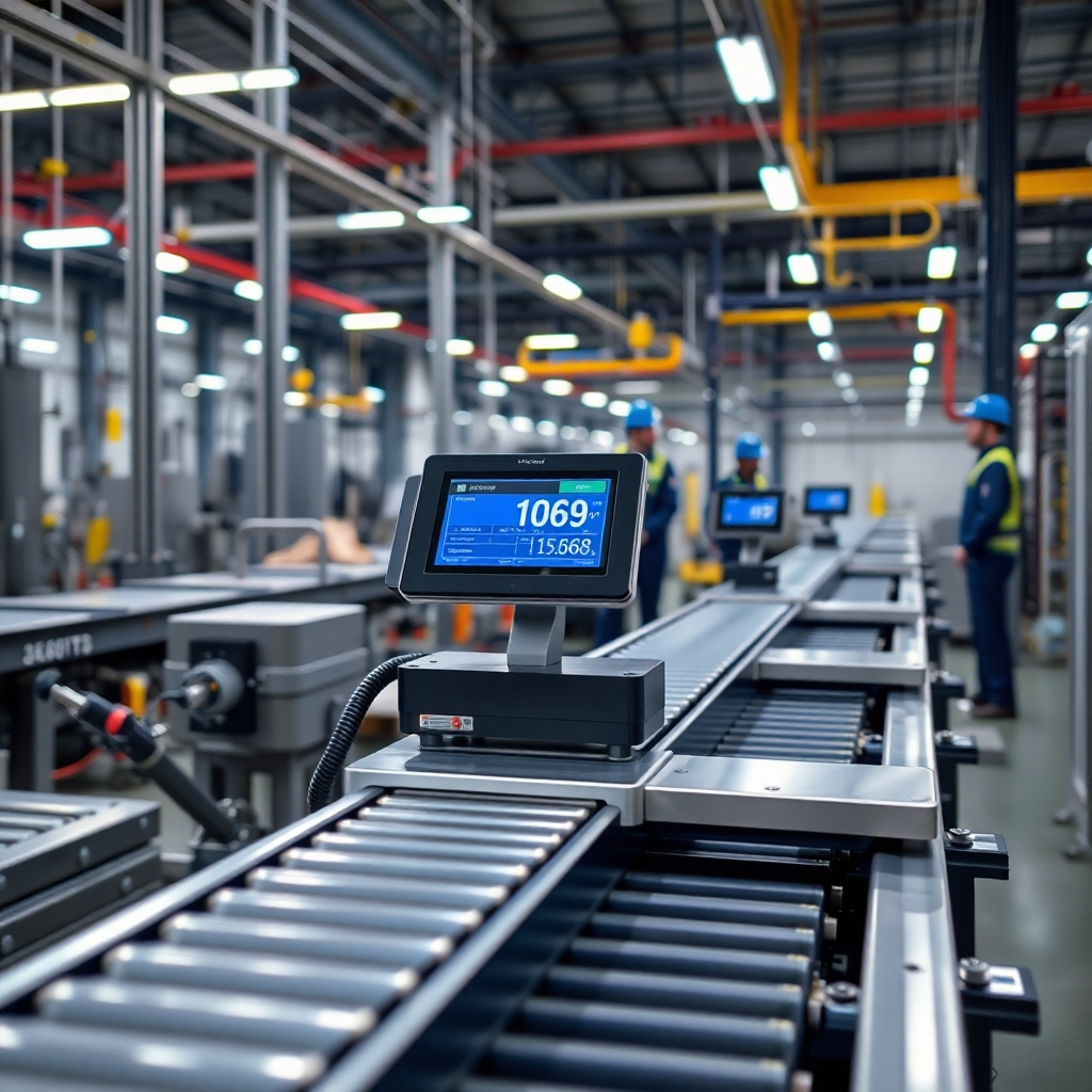 A photorealistic image illustrating advanced electronic weighing solutions in an industrial setup. The scene shows electronic scales integrated with conveyor belts, ensuring seamless operation. The lighting is bright, focusing on the precise measurements being displayed on a digital screen, with manufacturing staff monitoring the process. The color palette features industrial grays and blues, representing reliability and professionalism. This engaging visual should be high quality and capture the essence of efficiency in production.