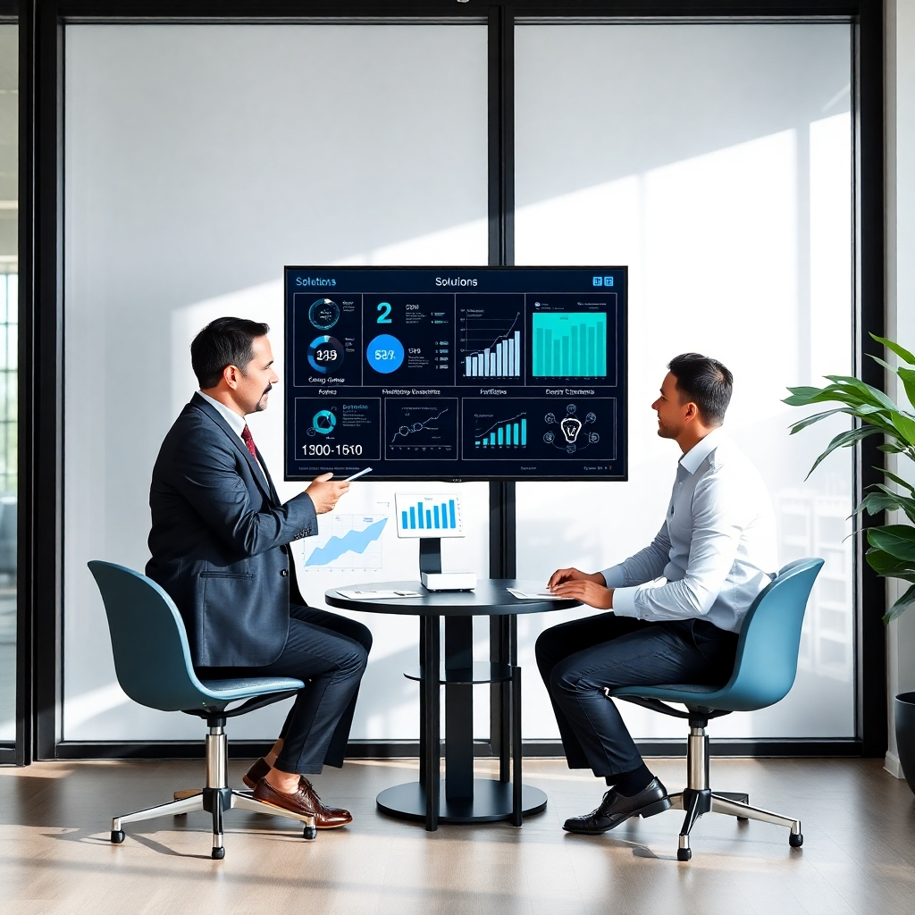 A professional image representing a consultation session between an expert consultant and a business client regarding electronic scales and automation solutions. The setting is a modern office with a large screen displaying various solutions and data. Natural light filters in, creating a comfortable and productive environment. The colors are sophisticated, featuring soft hues of gray and blue. This visual should reflect professionalism and expertise in advisory services.
