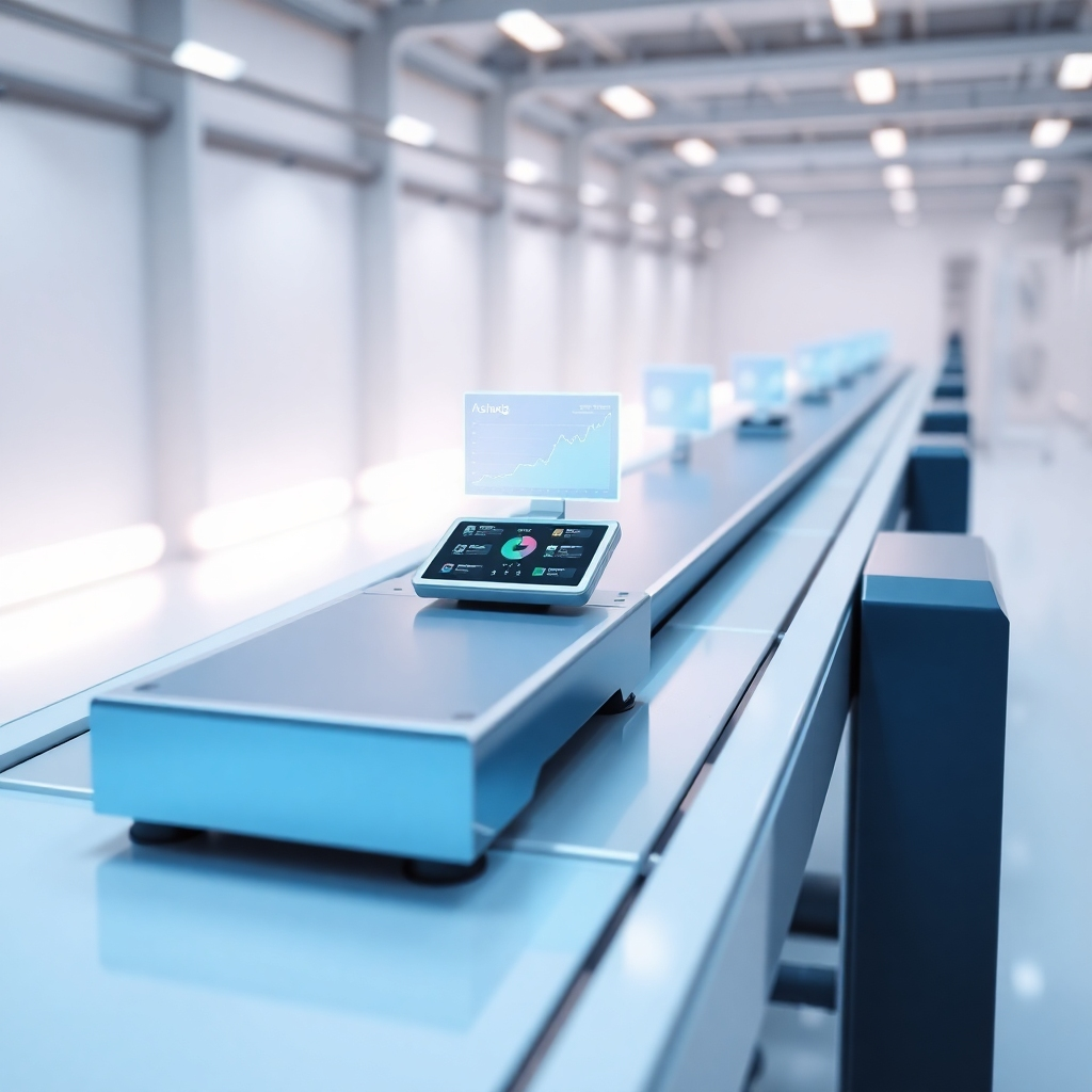 A sleek image showing a conceptual model of an integrated automated production system featuring smart conveyor belt scales. This representation includes digital interfaces displaying real-time data analytics for efficiency monitoring. The setting is futuristic, with a soft glow emphasizing the advanced technology. The color palette is minimalist with whites and blues to represent clarity and innovation. This high-resolution visual should encapsulate the future of intelligent manufacturing solutions.