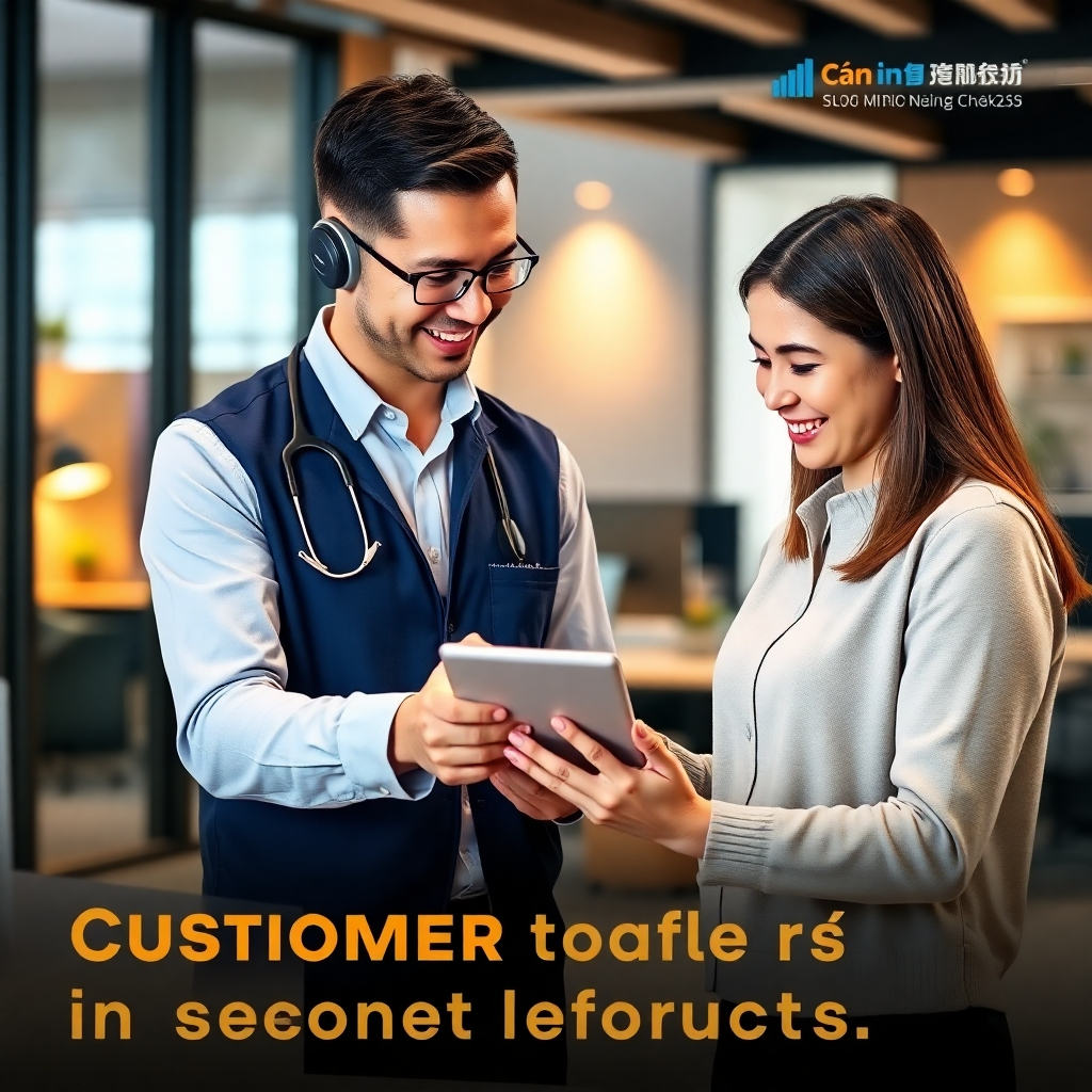 A stylized image showcasing a customer service representative from Cân Điện Tử Đồng Nhân engaging with a client over a digital tablet, discussing electronic scale solutions. The background depicts a modern office with sleek design elements, conveying professionalism and approachability. Warm lighting enhances the friendly interaction, making it inviting. The mood is relaxed yet focused, emphasizing the commitment to excellent service. This high-quality image reflects customer-centric values in the industry.