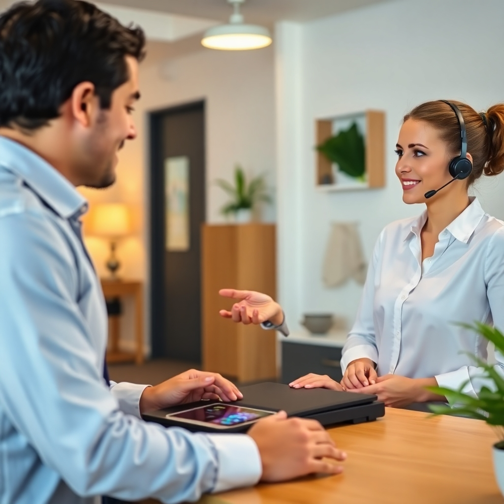 A warm image depicting a customer service scenario where a representative is explaining electronic scales to a prospective client in a friendly, welcoming office environment. The focus is on the interaction, showcasing attentive listening and support. The lighting is soft and inviting, capturing the essence of excellent service. The color scheme combines soft blues and whites, ensuring a professional yet approachable atmosphere. This image should reflect commitment to customer satisfaction.