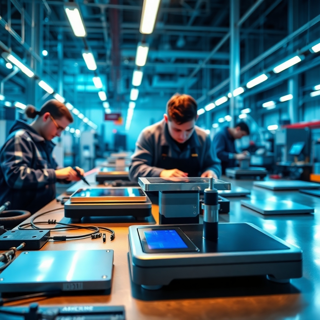 An engaging image showcasing a manufacturing process where electronic scales are being manufactured. The setting captures workers in a modern factory busy assembling scales with precision tools. Bright, industrial lighting enhances the scene, emphasizing both the materials and craftsmanship involved. The colors are primarily made up of cool tones of blue and gray, representing technology. This visual highlights the comprehensive manufacturing process behind electronic scales.