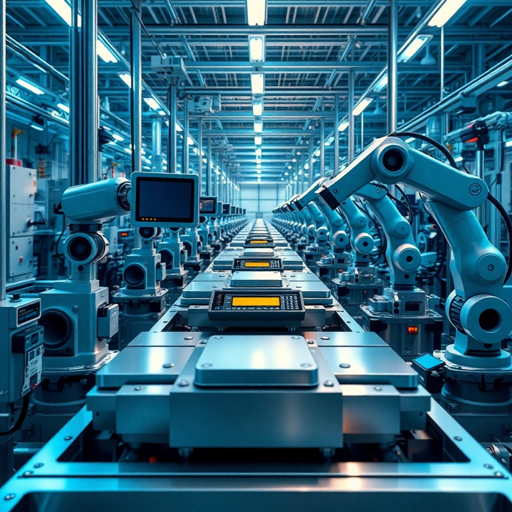 An innovative image illustrating an overview of a state-of-the-art automated assembly line with electronic scales working together with robotic arms. The scene captures the precise coordination of machinery in action, emphasizing high tech operations. The ambient lighting enhances the metallic textures of the machines while ensuring visibility of the processes. Using cool color tones like blue and silver, the image reflects cleanliness and modernity. This image should demonstrate the productivity potential of automation in manufacturing.